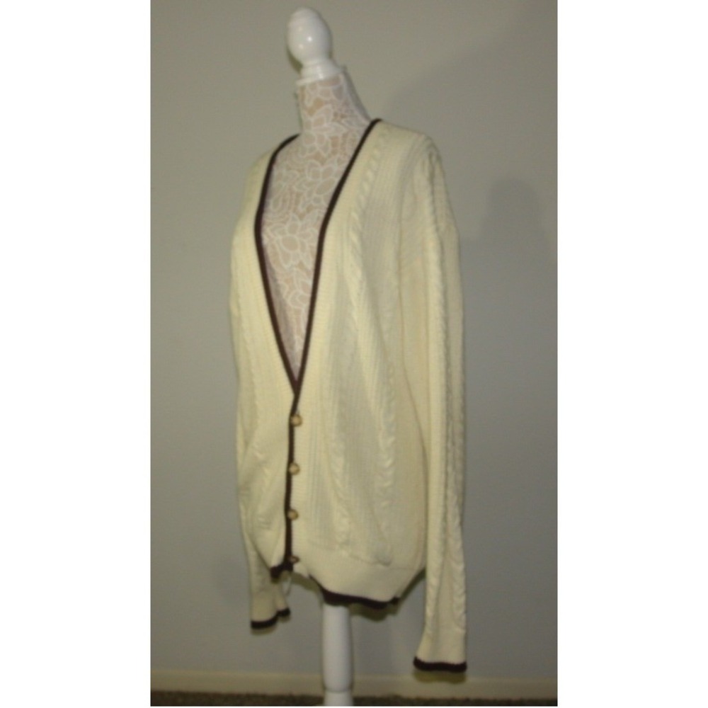 Towncraft Vintage Cable Knit Cardigan Sweater Cream Brown Trim XL Tall XL XT